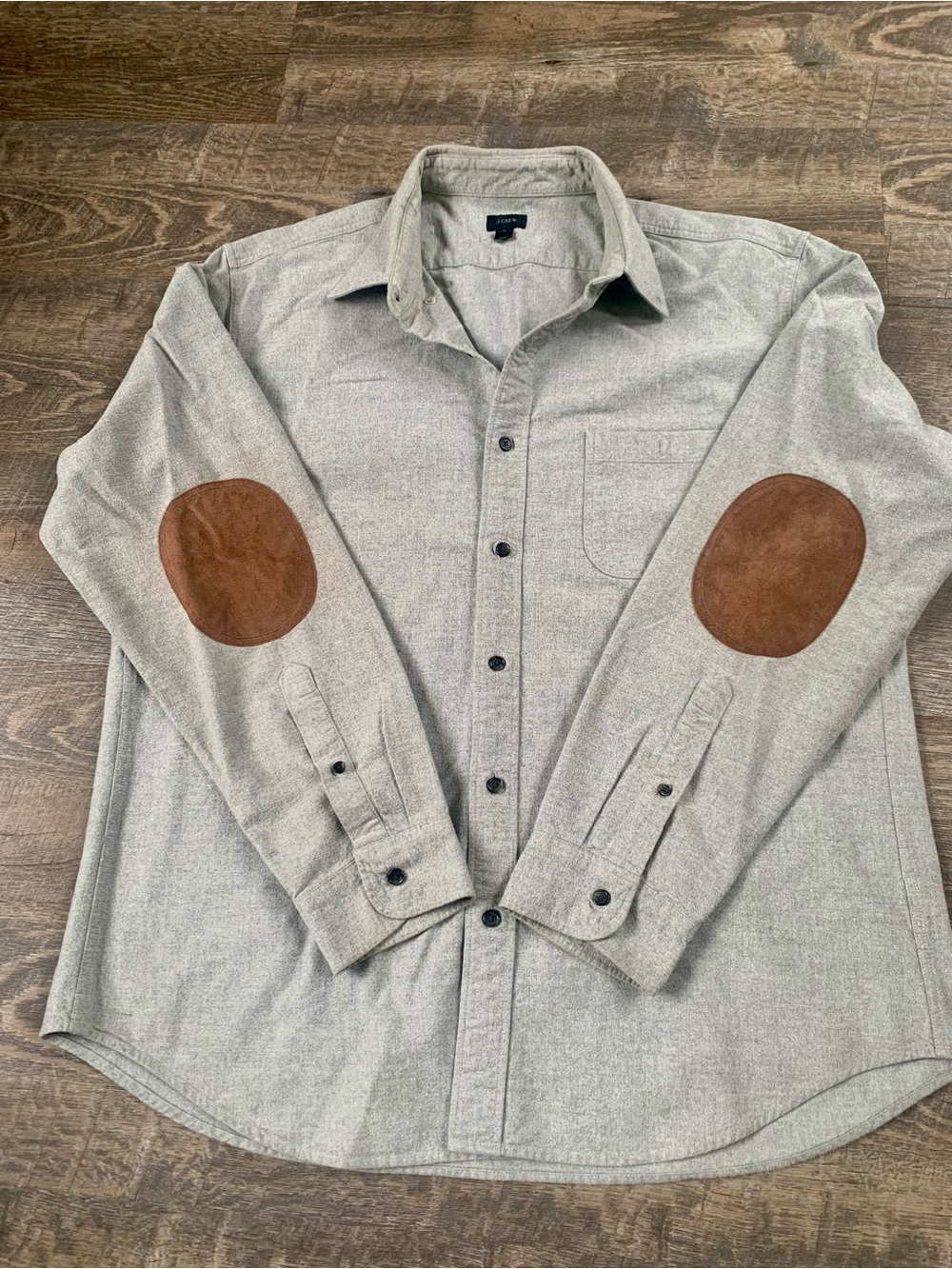 Vintage J.Crew Lt. Grey Button-Down Shirt with Brown Leather Elbow Patches